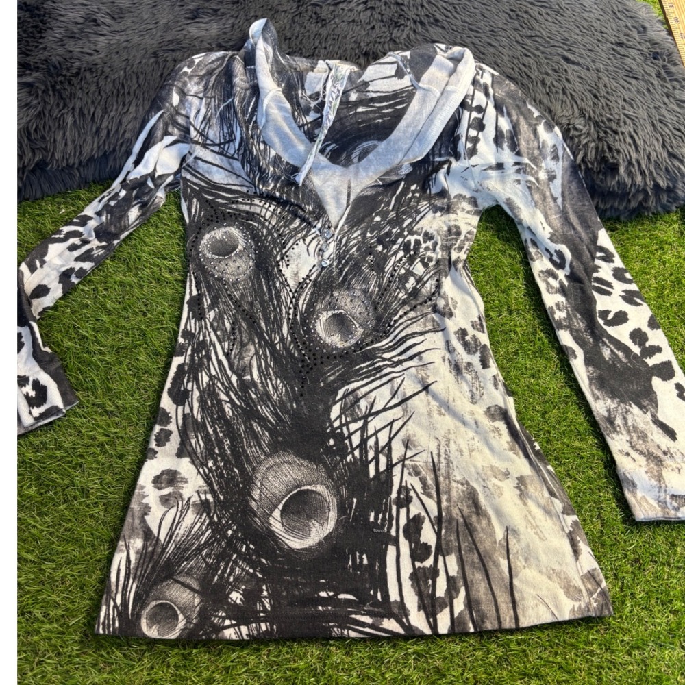 Peacock Feather Print top Animal Print Long Sleeve Women's‎ M
